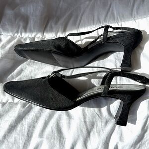 Black 3 inch heel with rhinestone accent sling back satin finish muted